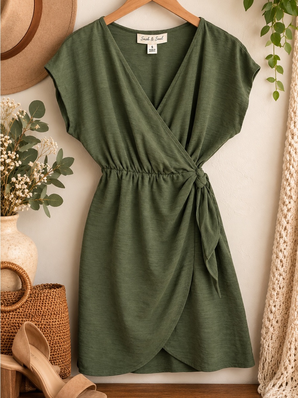 NWT Sash & Soul Olive Green Wrap Dress Small Boho Fall Mini Dress